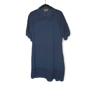 WRAP Womens Dress Sz 12 Navy Embroidered Crepe Shirt Short Sleeve Boho Relaxed